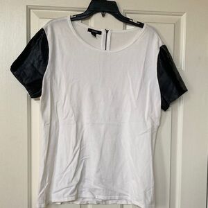 Alfani White Tee with Black Faux-Leather Sleeves